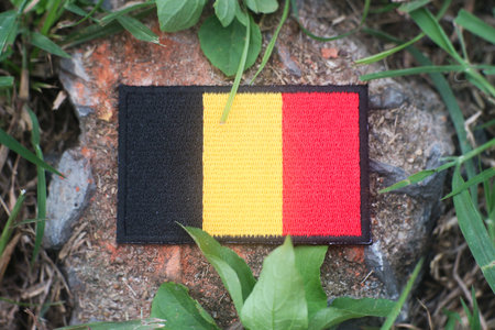 Handcrafted Belgium flag patch on forest stone surrounded by leaves, showcasing sustainable design...