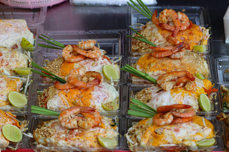 Pad Thai shrimp wrapped in egg, traditional Thai street food with lime, peanuts, sprouts, and scallions. Popular at night markets and food tourism.の写真素材