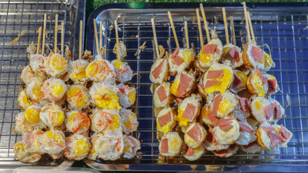 Deep-fried quail egg skewers (Kai Nok Krata Tod) with ham/crabstick filling. A golden-brown, popular, and savory Thai street food snack on a metal tray.の写真素材