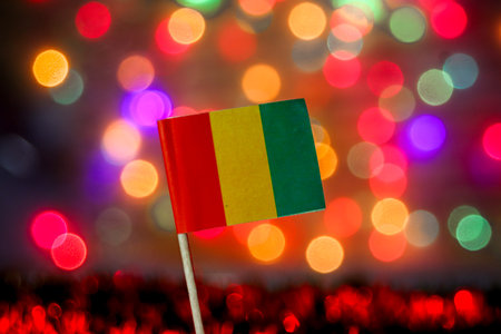 The national flag of Guinea with its Pan-African colors. The festive bokeh background of colorful lights is perfect for celebrations, West African culture, & major national events.の写真素材