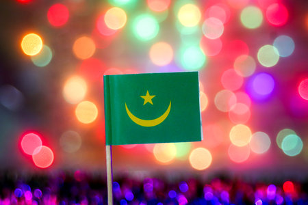 National flag of Mauritania with its crescent and star. The festive bokeh background of colorful lights is perfect for celebrations, North African culture, major national events.の写真素材
