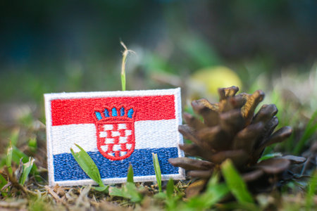 Croatia flag patch with a pine cone on natural forest ground, symbolizing sustainability, reforestation, and the ecological character of Croatian landscapes.の写真素材