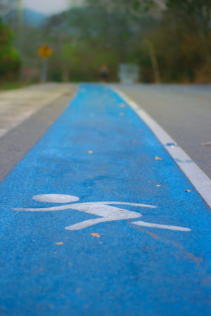 Blue running lane through tropical mountain forest. Modern fitness track for jogging and walking in...