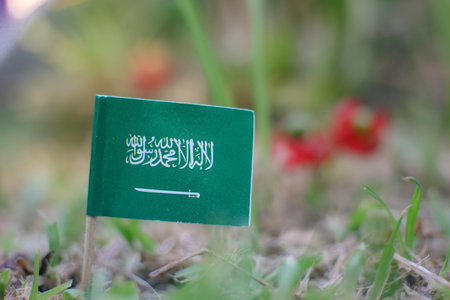 Saudi Arabia flag on green grass under sunlight. Concept for the Saudi Green Initiative, net zero...