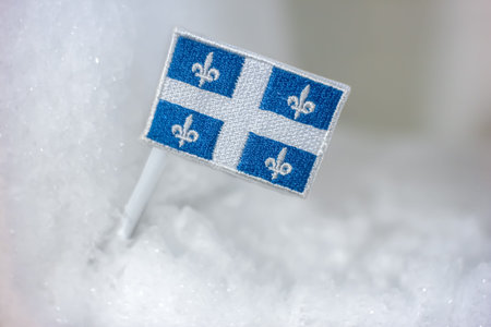 Quebec provincial flag with fleur de lis displayed in snow, symbolizing French Canadian heritage,...