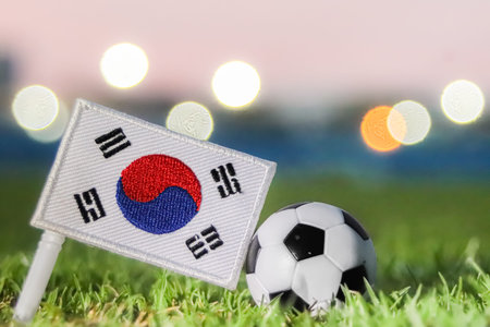 South Korea flag and soccer ball on night grass. Symbolic of national pride for international football tournaments with bokeh.の写真素材
