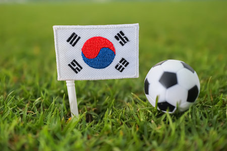 South Korea national flag next to soccer ball on green football field symbolizing global tournament participation and national sports pride.の写真素材