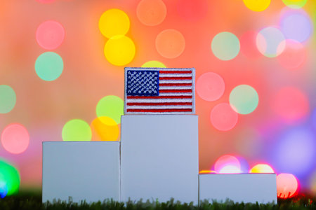 United States flag on a first place podium symbolizing global leadership, achievement, innovation, economic success, competitiveness, and national pride.