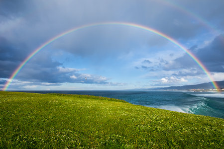 Green grass near the coast with waves and rainbowの写真素材