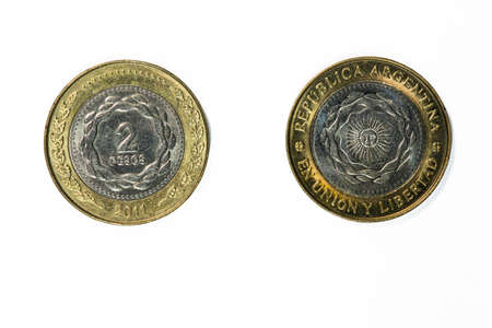 Argentine coin in detail, value two pesosの写真素材