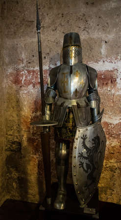 Metal knight armor, front with spear and shield.の写真素材