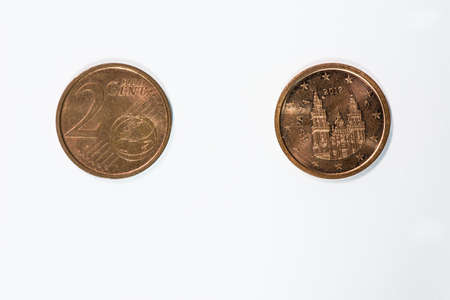 Euro, two cent coin. In detail with white background.の写真素材