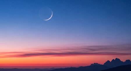 A tranquil twilight sky with a delicate crescent moon, surrounded by a few stars, above a range of distant mountains.の素材