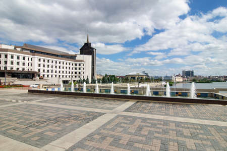 The view of the fountain and the promenade of lake Kaban.の写真素材