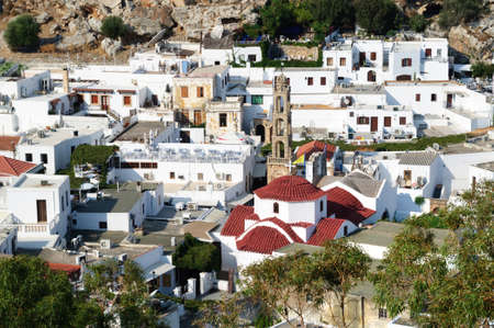 Panagia Church and bell tower of Lindos, Rhodes, Greece.の写真素材