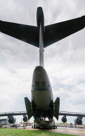 Rear view of the cargo compartment of a military transport aircraft, Zhukovsky, Russia.の写真素材