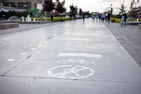 Sign pedestrian traffic is prohibited on the bike path.の写真素材