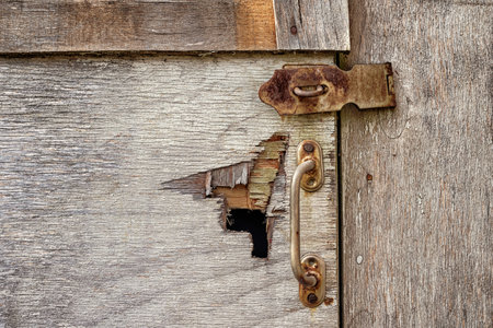 An old door with a pad for attaching the lock.の写真素材
