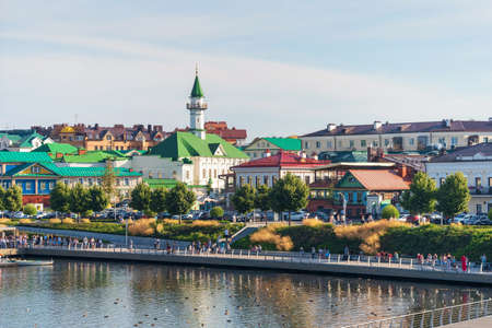 View of the Marjani Mosque on the shore of Kaban Lake, Kazan, Tatarstan Republic, Russia.の写真素材