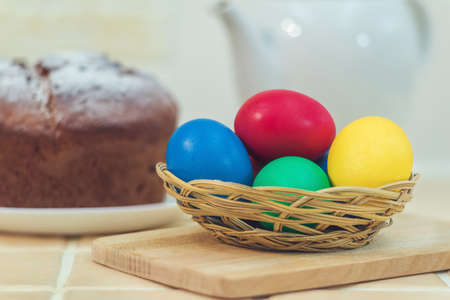 Painted Easter eggs in a wicker bowl.