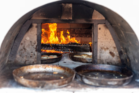 Cooking food on fire in the oven.の写真素材