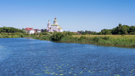 View of Elias Church on the Kamenka River, Suzdal, Russia.の写真素材