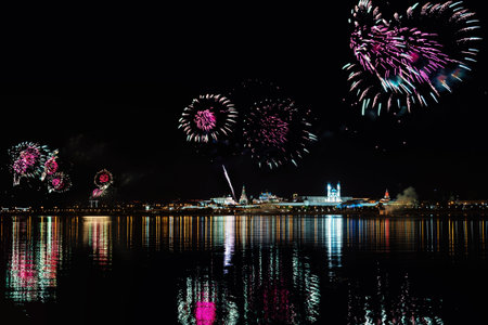Firework over Kremlin in Kazan at night, Russia.の写真素材