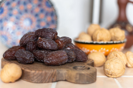 Dates on a wooden board.の写真素材