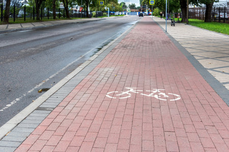 Bicycle path sign on a sidewalk tile.の写真素材