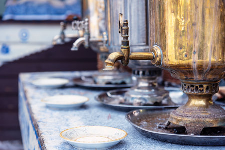 Copper samovar on the table.の写真素材