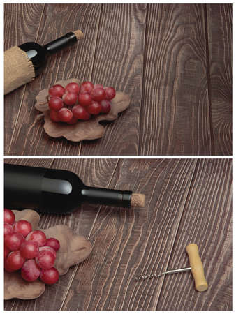 Set of images with expensive red wine and grapes on a wooden background with old texture and a plate of black walnut woodの写真素材