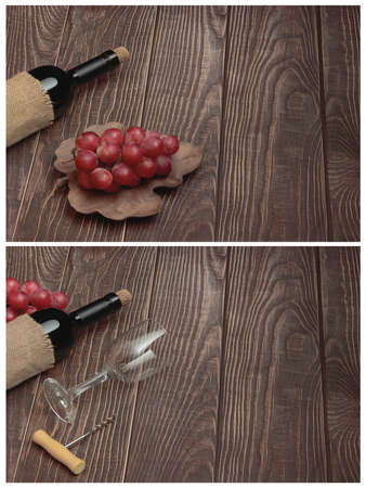 Set of conceptual images of Cabernet Sauvignon wine and wine corkscrew with fruits on wooden backgroundの写真素材