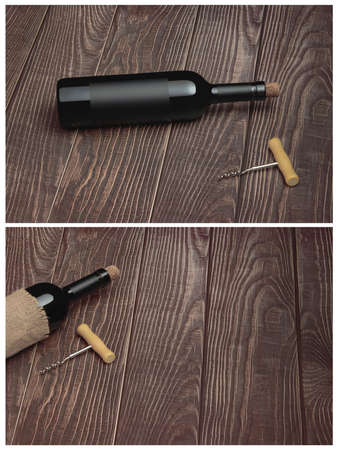 Set of conceptual images of Cabernet Sauvignon wine and wine corkscrew on wooden backgroundの写真素材