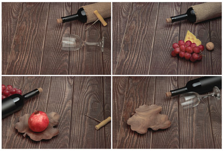 Vintage red wine bottle with blank matte black label, corkscrew on a grunged wooden table background. Expensive bottle of Cabernet Sauvignon concept with fruit and black walnut plate.の写真素材