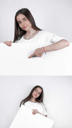 Collage of a beautiful girl with a white sheet of paperの写真素材