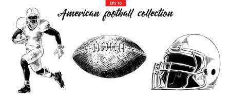 Vector engraved style illustration for posters, decoration. Hand drawn sketch of american football player, ball and helmet set isolated on white background. Detailed vintage etching drawing.のイラスト素材