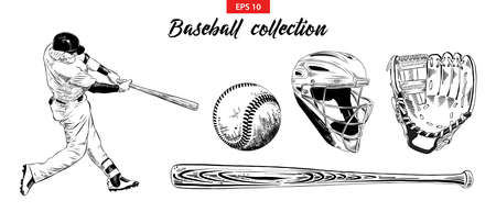Vector engraved style illustration for posters, decoration. Hand drawn sketch set of baseball player, helmet, glove, ball and bat isolated on white background. Detailed vintage etching drawing.のイラスト素材