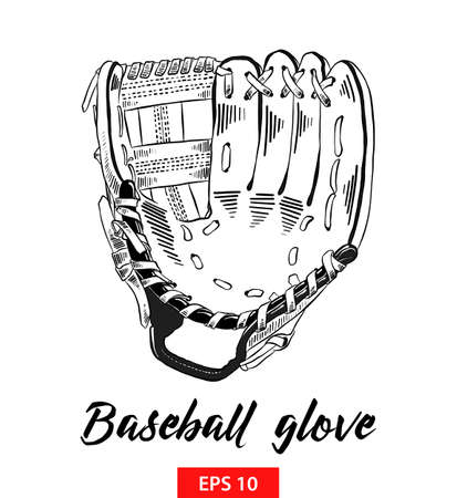 Vector engraved style illustration for posters, decoration and print. Hand drawn sketch of baseball glove in black isolated on white background. Detailed vintage etching style drawing.のイラスト素材