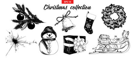 Vector engraved style illustration for posters, decoration and print. Hand drawn sketch set Christmas and New Year holiday objects isolated on white background. Detailed vintage etching drawing.のイラスト素材