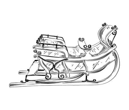 Vector engraved style illustration for posters, decoration and print. Hand drawn sketch of Christmas sleigh in black isolated on white background. Detailed vintage etching style drawing.のイラスト素材