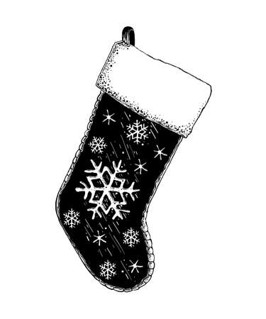 Vector engraved style illustration for posters, decoration and print. Hand drawn sketch of Christmas sock in black isolated on white background. Detailed vintage etching style drawing.のイラスト素材