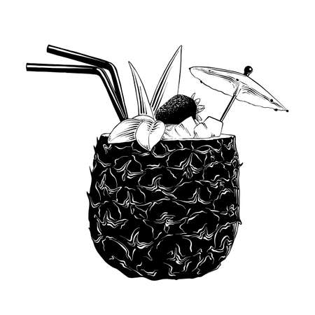 Vector engraved style illustration for posters, decoration and print. Hand drawn sketch of pineapple cocktail in black isolated on white background. Detailed vintage etching style drawing.のイラスト素材