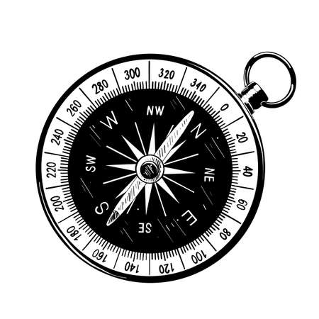 Vector engraved style illustration for posters, decoration and print. Hand drawn sketch of compass in black isolated on white background. Detailed vintage etching style drawing.のイラスト素材