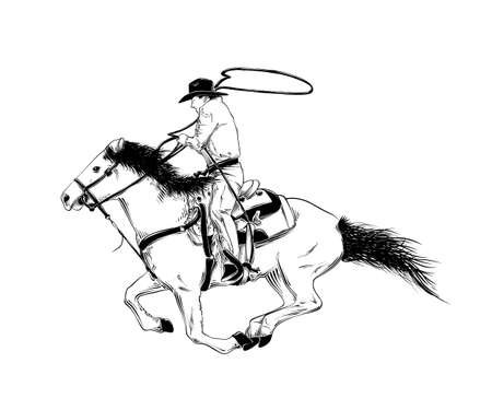 Vector engraved style illustration for posters, decoration and print. Hand drawn sketch of western cowboy on horse in black isolated on white background. Detailed vintage etching style drawing.のイラスト素材