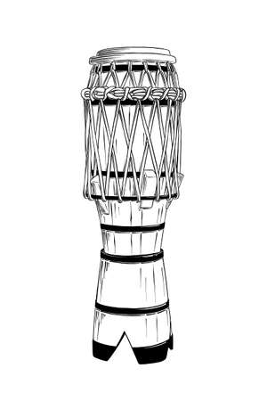 Vector engraved style illustration for posters, decoration and print. Hand drawn sketch of brazilian drum in black isolated on white background. Detailed vintage etching style drawing.のイラスト素材