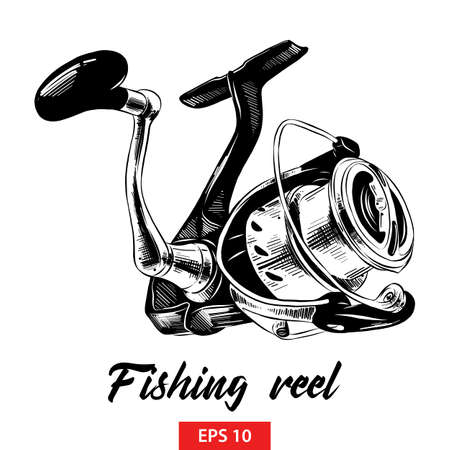 Vector engraved style illustration for posters, decoration and print. Hand drawn sketch of fishing reel in black isolated on white background. Detailed vintage etching style drawing.のイラスト素材