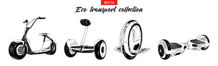 Vector engraved illustration for posters, decoration. Hand drawn sketch set of electric scooter, gyroboard, gyroscooter and mono-wheel isolated on white background. Detailed vintage etching drawing.のイラスト素材