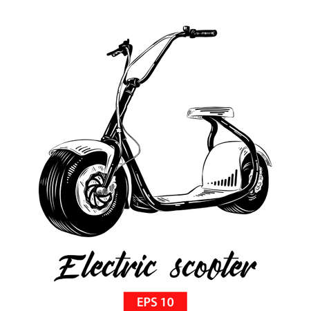 Vector engraved style illustration for posters, decoration and print. Hand drawn sketch of electric scooter in black isolated on white background. Detailed vintage etching style drawing.のイラスト素材