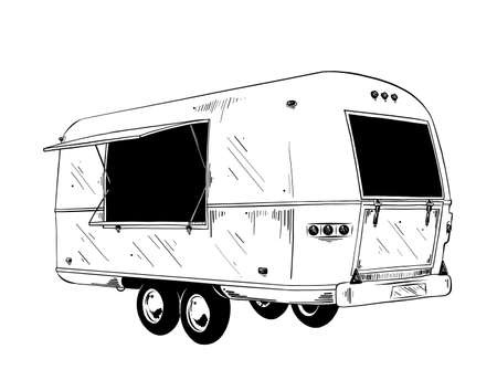 Vector engraved style illustration for posters, decoration and print. Hand drawn sketch of food truck in black isolated on white background. Detailed vintage etching style drawing.のイラスト素材