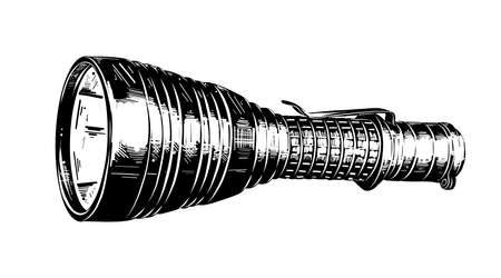 Vector engraved style illustration for posters, decoration and print. Hand drawn sketch of flashlight in black isolated on white background. Detailed vintage etching style drawing.のイラスト素材
